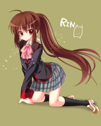  all_fours bow brown_hair commentary_request female little_busters! little_busters!_school_uniform long_hair nakada_rumi natsume_rin pink_bow plaid plaid_skirt ponytail red_eyes school_uniform skirt 