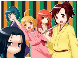  5girls ahoge anrakutei_kukuru black_hair blonde_hair blue_eyes blush bouhatei_tetora brown_eyes brown_hair buratei_marii crossed_arms fan frown glasses green_eyes green_hair hair_ornament hairclip haroukitei_kigurumi japanese_clothes joshiraku kimono kuurubiyuutei_gankyou long_hair multiple_girls onsoku_maru open_mouth orange_eyes red_eyes red_hair short_hair smile yukata 