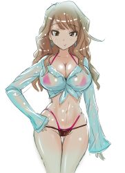  basara bikini breasts brown_hair cameltoe cleavage commentary_request earrings female front-tie_top highres huge_breasts jewelry long_hair navel original photoshop_(medium) see-through simple_background solo swimsuit white_background 