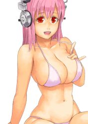  :d bikini breasts cleavage female halterneck headphones large_breasts looking_at_viewer navel nitroplus open_mouth pink_hair red_eyes simple_background skindentation smile solo strap_lift super_sonico swimsuit white_background yuuji_(and) 