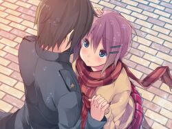  1boy bad_id bad_pixiv_id blue_eyes blush brown_hair couple female hair_ornament hairclip hand_on_head height_difference holding_hands interlocked_fingers itsui_(dihydrogenmonoxid) jacket looking_up open_mouth original photoshop_(medium) pink_hair plaid plaid_scarf red_scarf scarf school_uniform short_hair skirt straight 