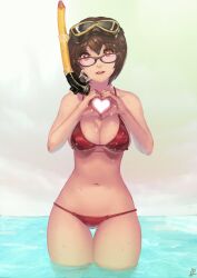  bikini breasts brown_eyes brown_hair cleavage commentary_request female glasses goggles goggles_on_head heart heart-shaped_pupils heart_hands highres instant_ip medium_breasts navel original parted_lips photoshop_(medium) red_bikini short_hair snorkel solo swimsuit symbol-shaped_pupils thigh_gap thighs wading wet 