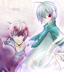  2boys ahoge aqua_hair asbel_lhant blue_eyes capelet coat dress hair_over_one_eye hairband heterochromia lambda multiple_boys open_mouth purple_eyes red_hair short_hair tales_of_(series) tales_of_graces 