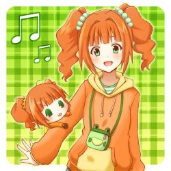  2girls bad_id bad_pixiv_id brown_hair chibi green_eyes hood hoodie idolmaster idolmaster_(classic) kisaragi_ichigo multiple_girls musical_note photoshop_(medium) puchimasu! takatsuki_yayoi twintails yayo 