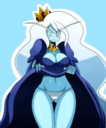  adventure_time blue_background blue_skin blush breasts cleavage crown curvy dress dress_lift eric_lowery eyebrows female frown highres ice_queen jewelry large_breasts long_hair navel panties simple_background solo ss2_(artist) thigh_gap thighs underwear very_long_hair white_hair white_panties wide_hips 