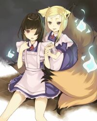  2girls animal_ears apron arm_grab bad_id bad_pixiv_id black_hair blonde_hair blue_fire blush brown_eyes contrapposto dress expressionless fire fox fox_ears fox_tail hair_over_one_eye looking_at_another looking_at_viewer multiple_girls multiple_tails nail_polish nushityama open_mouth red_eyes sasami-san@ganbaranai shaded_face short_hair short_sleeves sidelocks sitting smile standing swept_bangs tail tamamo-no-mae_(sasami-san@ganbaranai) tongue tongue_out yagami_kagami 