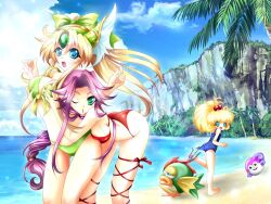  3girls angela_(seiken_densetsu_3) ass beach bikini blonde_hair blue_eyes breasts breasts_squeezed_together charlotte_(seiken_densetsu_3) cleavage coconut_tree commentary_request day front-tie_top grabbing grabbing_another&#039;s_breast green_eyes leg_ribbon looking_back medium_breasts multiple_girls ocean one-piece_swimsuit one_eye_closed outdoors palm_tree photoshop_(medium) purple_hair ribbon riesz sand school_swimsuit seiken_densetsu seiken_densetsu_3 shindou_hayato skindentation swimsuit thigh_gap thigh_ribbon tree 