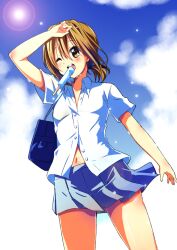  bad_id bad_pixiv_id bag brown_eyes brown_hair female food k-on! kurou_(quadruple_zero) mouth_hold navel open_clothes open_shirt painttool_sai_(medium) popsicle sakuragaoka_high_school_uniform school_uniform shirt short_hair tainaka_ritsu 