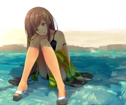  beach bikini black_bikini blue_eyes brown_hair commentary_request female hair_ornament hairclip hand_on_own_knee head_tilt jacket long_hair looking_at_viewer off_shoulder open_mouth original partially_submerged photoshop_(medium) sandals shade sitting smile solo swimsuit water yoo_(tabi_no_shiori) 