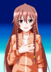  braid brown_eyes brown_hair commentary_request de_metrio_lu_yurikano female jacket kaze_makase long_hair rinne_no_lagrange sleeves_rolled_up smile solo track_jacket track_suit twin_braids very_long_hair 