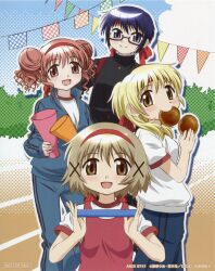  4girls :d absurdres artist_request blonde_hair blue_eyes blue_hair blush bread brown_eyes brown_hair double_bun food gakuran glasses gym_uniform hair_bun hair_ornament hairclip headband hidamari_sketch highres hiro_(hidamari_sketch) jersey looking_at_viewer megaphone miyako_(hidamari_sketch) multiple_girls official_art open_mouth pants pink_hair ponytail red_eyes relay_baton running_track sae_(hidamari_sketch) school_uniform short_hair smile track_pants track_suit yuno_(hidamari_sketch) 