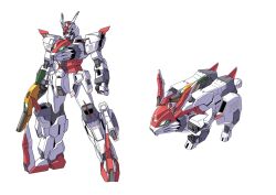  carrot commentary_request eastre_gunm form_change glowing gun gundam gundam_beast mecha no_humans original rabbit robot simple_background sukekiyo56 transformation weapon white_background 