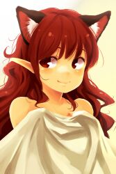  alternate_hairstyle animal_ears cat_ears closed_mouth commentary_request extra_ears eyebrows_hidden_by_hair female hair_down highres kaenbyou_rin long_hair nude pointy_ears red_eyes red_hair smile solo touhou upper_body yudepii 