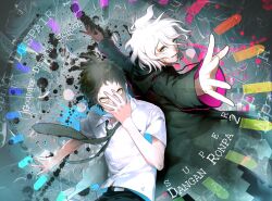  2boys bad_id bad_pixiv_id brown_hair coat danganronpa_(series) danganronpa_2:_goodbye_despair grey_eyes hinata_hajime hood hoodie komaeda_nagito male_focus medium_hair multiple_boys muturou_k necktie short_hair white_hair yellow_eyes 