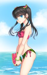  :o bandeau bare_shoulders bikini black_hair blue_eyes blue_sky bracelet briska cloud commentary_request day earrings female food food_print frills fruit green_bikini jewelry long_hair original outdoors photoshop_(medium) side-tie_bikini_bottom sky solo swimsuit twintails water watermelon watermelon_print 