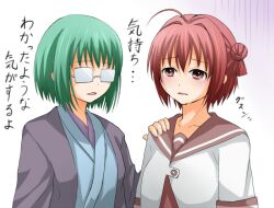  2girls ahoge akaza_akari commentary_request creek_(moon-sky) crossover crying glasses green_hair hair_bun japanese_clothes joshiraku kuurubiyuutei_gankyou multiple_girls nanamori_school_uniform opaque_glasses red_hair school_uniform serafuku short_hair single_hair_bun tears translated yuru_yuri 