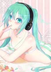  aqua_eyes aqua_hair bad_id bad_pixiv_id bikini blush female food hatsune_miku headphones long_hair looking_at_viewer lying maronie. mouth_hold on_stomach pocky solo striped swimsuit twintails vocaloid 