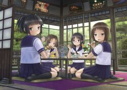  4girls black_hair black_legwear blue_eyes blush brown_hair commentary_request eating electric_fan food glass glasses green_eyes hair_ribbon highres ice_cream indoors kneehighs long_hair looking_back mouth_hold multiple_girls open_mouth original parfait photoshop_(medium) ponytail ribbon school_uniform serafuku short_hair side_ponytail sitting skirt smile socks spoon table taka_(tsmix) tatami television wariza wind_chime 