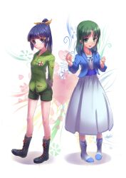  2girls :d alternate_hairstyle aoki_reika aoki_reika_(cosplay) aqua_eyes bad_id bad_pixiv_id blue_eyes blue_hair blush boots casual cosplay costume_switch dress green_eyes green_hair green_shirt hair_down hair_ribbon hair_tubes hairstyle_switch highres long_hair midorikawa_nao midorikawa_nao_(cosplay) multiple_girls open_mouth ponytail precure ribbon shirt shorts smile smile_precure touboku 