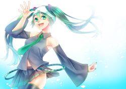  bad_id bad_pixiv_id detached_sleeves female green_eyes green_hair hanatako hatsune_miku long_hair navel necktie object_on_head open_mouth panties panties_on_head skirt solo thighhighs twintails underwear vocaloid 