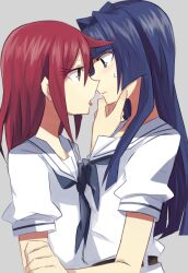  2girls aoki_shizumi bad_id bad_pixiv_id belt blue_eyes blush couple face-to-face hand_on_another&#039;s_chin hirose_sumire kissing long_hair miyanaga_teru multiple_girls red_eyes red_hair saki_(manga) saliva saliva_trail school_uniform shiraitodai_school_uniform short_sleeves sweatdrop yuri 