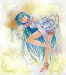  aqua_hair artist_name bare_shoulders commentary_request detached_sleeves dress female full_body hat hatsune_miku high_heels leg_up long_hair mayo_riyo photoshop_(medium) putting_on_shoes shoes smile solo straw_hat sun_hat traditional_media very_long_hair vocaloid 