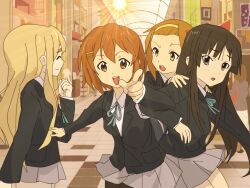  4girls akiyama_mio bad_id bad_pixiv_id black_eyes black_hair blonde_hair brown_eyes brown_hair hairband hirasawa_yui k-on! kotobuki_tsumugi long_hair multiple_girls open_mouth pantyhose road sakuragaoka_high_school_uniform scarf school_uniform short_hair smile street sun tainaka_ritsu takahiro_(rikky) 