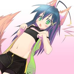  ahoge animal_ears bad_id bad_pixiv_id bike_shorts blue_hair blush dog_ears dog_tail female green_eyes long_hair midriff mizuki_kotora nana_muted_xilofon navel original skirt solo strapless tail tube_top 