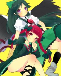  2girls animal_ears arm_cannon black_hair black_wings blush bow braid cape cat_ears cat_tail commentary_request green_bow hairbow highres kaenbyou_rin long_hair long_sleeves multiple_girls multiple_tails puffy_sleeves red_eyes red_hair reiuji_utsuho sailor_antei short_sleeves smile tail third_eye touhou twin_braids weapon wings 