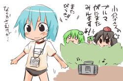  3girls bad_id bad_pixiv_id black_hair blue_hair boombox buruma bush camera green_hair gym_uniform hat hiding himegi kochiya_sanae multiple_girls o_o open_mouth shameimaru_aya short_hair smile tatara_kogasa tokin_hat touhou translation_request 