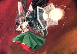  alternate_weapon arm_cannon bad_id bad_pixiv_id bird_wings black_wings bow brown_hair cape clenched_teeth energy_ball female green_bow hairbow long_hair marubororaito powering_up reiuji_utsuho short_sleeves solo teeth third_eye touhou weapon wings 