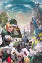  2boys 2girls :3 bandages blonde_hair blue_hair commentary_request creature floating_island gauntlets gloves granage_online green_eyes hat multiple_boys multiple_girls outdoors photoshop_(medium) repi scepter short_hair sitting sky sleeveless thighhighs wiping_sweat x_x 