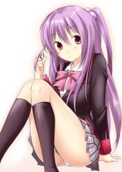  bow bowtie commentary_request female futaki_kanata little_busters! little_busters!_school_uniform long_hair miniskirt panties pantyshot photoshop_(medium) pink_bow plaid plaid_skirt ponytail purple_eyes purple_hair school_uniform side_ponytail skirt solo thighs underwear yoshikita_popuri 