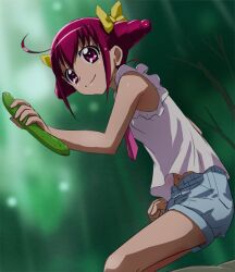  bow female grey_shorts hairbow haruyama_kazunori hoshizora_miyuki navel pink_eyes pink_hair precure short_hair shorts smile smile_precure solo 