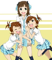  3girls amami_haruka arm_hug bad_id bad_pixiv_id brown_eyes brown_hair e-n futami_ami futami_mami green_eyes hair_ornament hug idolmaster idolmaster_(classic) multiple_girls necktie open_mouth rough_time_school_(idolmaster) school_uniform siblings side_ponytail sisters smile twins 