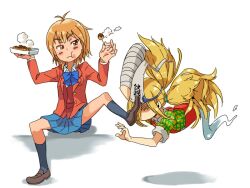  2girls binbougami_ga! blazer blonde_hair blue_bow bow brown_eyes brown_hair brown_jacket commentary_request crossover food futari_wa_precure jacket konjoe long_hair misumi_nagisa momiji_(binbougami_ga!) multiple_girls photoshop_(medium) precure school_uniform short_hair takoyaki triangular_headpiece verone_gakuin_school_uniform 