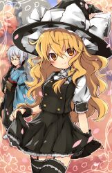  1boy black_legwear blonde_hair blush bow braid brown_eyes commentary_request female garter_straps glasses grey_hair hat hat_bow ju-zika kirisame_marisa long_hair morichika_rinnosuke ribbon short_hair single_braid skirt_hold smile thighhighs touhou white_bow witch_hat wrist_cuffs 