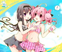  2girls akemi_homura bikini black_hair blush commentary_request food hairband holding kaname_madoka long_hair mahou_shoujo_madoka_magica mahou_shoujo_madoka_magica_(anime) multiple_girls open_mouth pink_eyes pink_hair purple_eyes shaved_ice shiroi_hakuto striped_bikini striped_clothes swimsuit twintails 