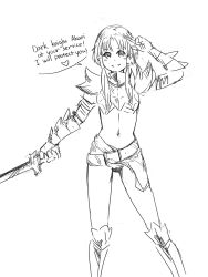  alternate_costume anonymous_drawfag_(artist) aria_(manga) armor artist_request belt check_artist contrapposto dark_knight_(final_fantasy) english_text female final_fantasy gauntlets greaves greyscale grin hair_tubes highres long_hair mizunashi_akari monochrome multiple_belts navel pauldrons salute short_hair_with_long_locks shoulder_armor sidelocks smile solo standing sword weapon 