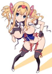  bare_shoulders blonde_hair blue_eyes bow breasts cleavage commentary_request corset female gloves hirose_(mokiki) large_breasts looking_at_viewer navel original partial_commentary smile solo thighhighs twintails 