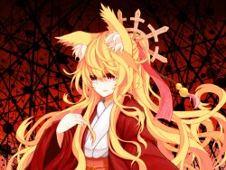  animal_ears azure_luna blonde_hair commentary_request female fox_ears gradient_background hair_ornament hair_ribbon japanese_clothes long_hair long_sleeves miko original parted_lips red_background red_eyes ribbon slit_pupils solo upper_body very_long_hair 