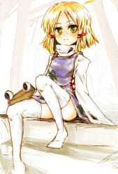  blonde_hair blush female hat moriya_suwako no_shoes short_hair sidelocks sitting skirt sleeves_past_wrists solo thighhighs touhou unworn_hat unworn_headwear wataichi_meko white_thighhighs yellow_eyes 