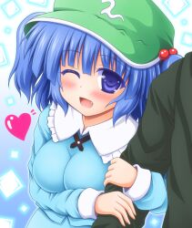  arm_hug blue_eyes blush breasts commentary_request danmaku female hair_bobbles hair_ornament hat heart kawashiro_nitori large_breasts nagana_sayui oerba_yun_fang one_eye_closed short_hair smile solo_focus touhou two_side_up 