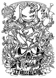  animal_ears belt card chains commentary_request crown dice ear_piercing english_text flower greyscale highres line_art looking_at_viewer monochrome no_humans original photoshop_(medium) piercing playing_card project.c.k. rabbit rabbit_ears skull solo sword unfinished weapon white_background 