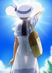  aoki_reika back bag female from_behind haruyama_kazunori hat long_hair outdoors precure purple_hair see-through_silhouette smile_precure solo sun sunlight thigh_gap 