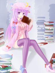  bad_id bad_pixiv_id book bookmark bow crescent female hairbow hat highres hsuliherng long_hair long_sleeves open_mouth patchouli_knowledge purple_eyes purple_hair ribbon signature sitting solo striped_clothes striped_thighhighs thighhighs touhou vertical-striped_clothes vertical-striped_thighhighs 