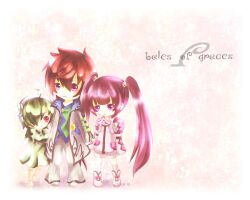  2boys ahoge asbel_lhant capelet coat copyright_name detached_sleeves dress female green_hair hair_over_one_eye hairband heterochromia lambda long_hair multiple_boys pants purple_eyes purple_hair red_eyes red_hair shoes short_hair shorts socks sophie_(tales) sophie_(tales_of_graces) tales_of_(series) tales_of_graces twintails 