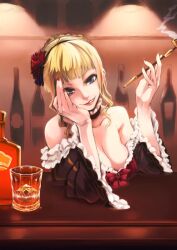  bare_shoulders beatrice_(umineko) blonde_hair blue_eyes breasts choker cleavage commentary_request cup drinking_glass female flower grin hair_flower hair_ornament kiseru large_breasts lips lipstick looking_at_viewer makeup moku_(racie45bv) nail_polish smile smoking_pipe solo umineko_no_naku_koro_ni 