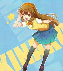  bad_id bad_pixiv_id blue_skirt brown_hair character_name female hairband inazuma_eleven_(series) inazuma_eleven_go inazuma_eleven_go_chrono_stone long_hair nanobana_kinako open_mouth orange_hairband pimgier pleated_skirt raimon raimon_school_uniform salute school_uniform skirt smile solo star_(symbol) sweater_vest 