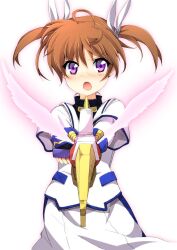  :o bad_id bad_pixiv_id brown_hair dress female fingerless_gloves gloves hair_ribbon highres lyrical_nanoha magical_girl mahou_shoujo_lyrical_nanoha mahou_shoujo_lyrical_nanoha_the_movie_1st open_mouth oruto_(ort+) puffy_sleeves purple_eyes raising_heart raising_heart_(cannon_mode) ribbon short_twintails solo takamachi_nanoha takamachi_nanoha_(movie_1st_mode) twintails white_background wings 